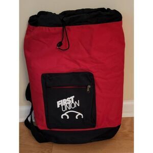 Vintage First Union Bank Canvas Tote /Duffle Bag Red w/ Black Trim & Strap